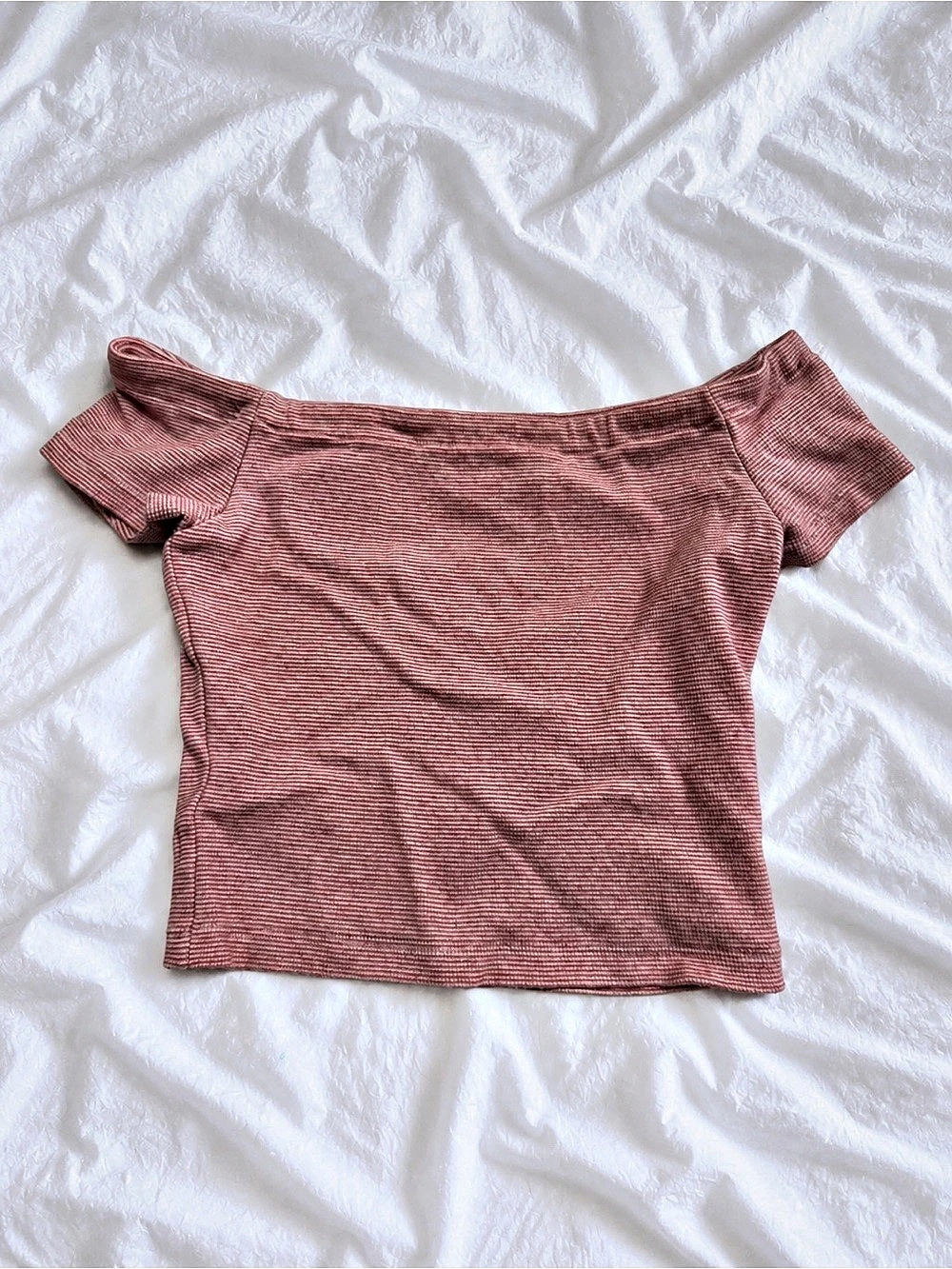 Zara Trafaluc Striped Off-Shoulder Crop Top in Pink & White Size Medium